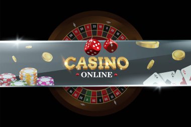 Casino rulet, zar, poker fişleri, iskambil ile banner. Siyah arka plan üzerine kavram. Poker vektör çizim Web sitesi veya mobil uygulamaları için