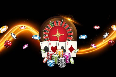 İskambil ve poker fişleri casino fly. Siyah arka plan üzerine rulet ile kavram banner. Vektör çizim