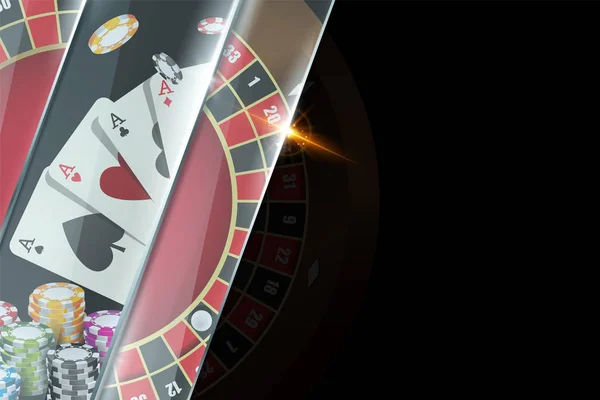 Tmavé pozadí nápis casino prvky čipy, hrací karty, ruleta. Poker hra koncept — Stockový vektor