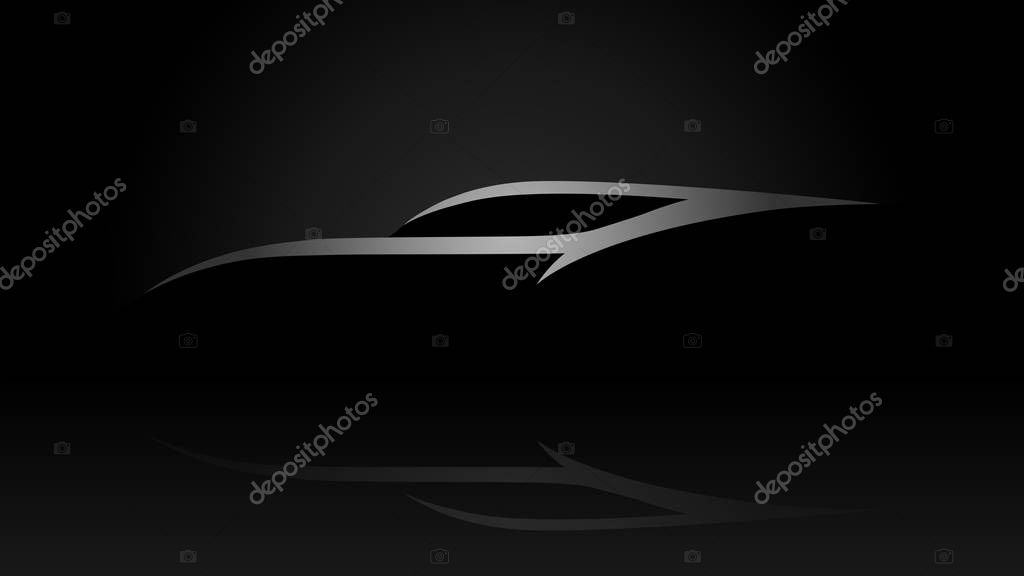 Sleek sportscar vehicle silhouette logo on black background. Vector illustration.