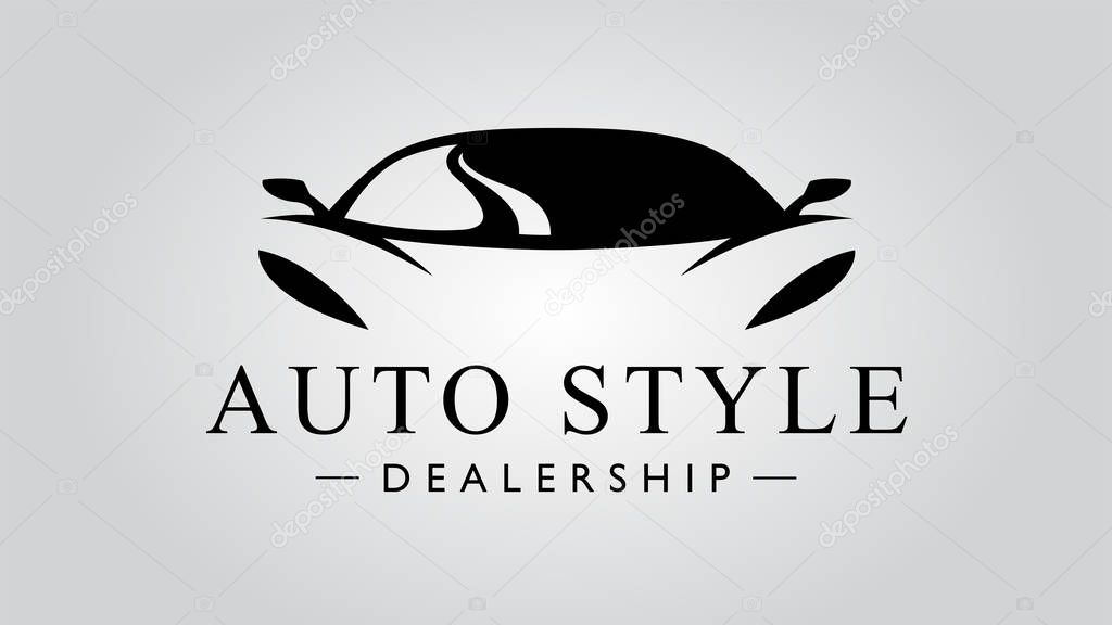 Auto style dealership super car logo design with concept sports vehicle icon silhouette on light gray background. Vector illustration