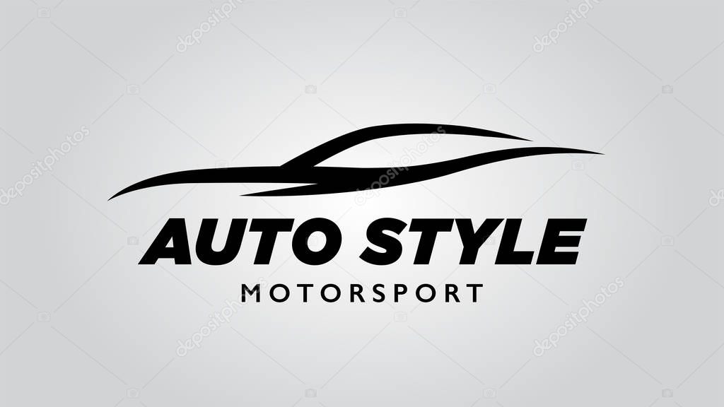 Abstract style auto super car logo design with concept motor sports vehicle icon silhouette on light grey background. Vector illustration