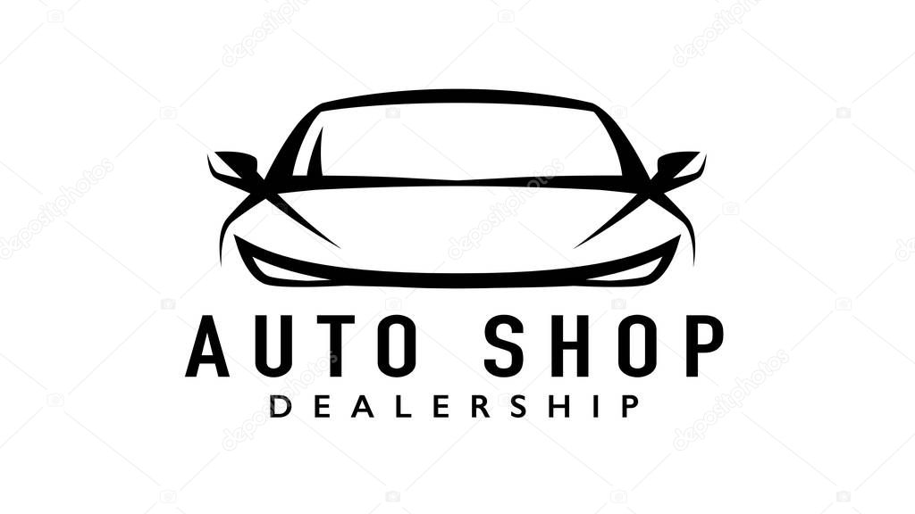 Auto shop sports car dealership logo with a line style silhouette icon of a conceptual shape performance motor vehicle template. Vector illustration.
