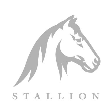 Binicilik at logosu aygır kafasıyla. çizgi stili siluet simge. Vahşi mustang hayvan sembolü. Vektör çizim.