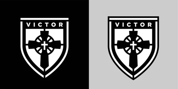Концепция Религиозного Христианского Креста Эмблеме Логотипа Щита Иисус Христос Победитель — стоковый вектор