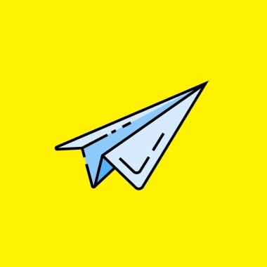 Mavi kağıt düzlem çizgisi simgesi. El yapımı uçak seyahat sembolü sarı arka plan üzerinde izole. Vektör çizimi.