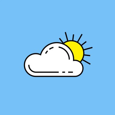 Güneş bulut çizgisi simgesi. Basit parçalı bulutlu hava sembolü anahat mavi arka plan üzerinde izole. Vektör çizimi.