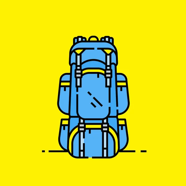 ハイキングバックパックラインアイコン 青い屋外アドベンチャーリュックサックグラフィックは 黄色の背景に隔離されています マウンテンキャンプバッグのシンボル ベクトルイラスト — ストックベクタ