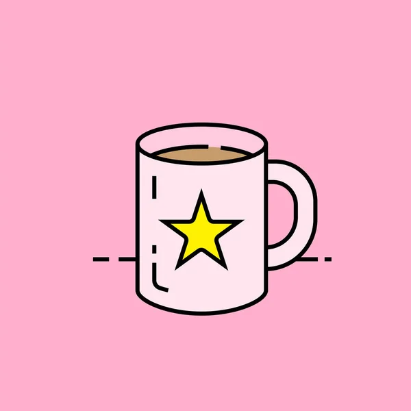 咖啡杯线图标 最喜欢的热饮与黄色星符号隔离在粉红色背景 矢量插图 — 图库矢量图片