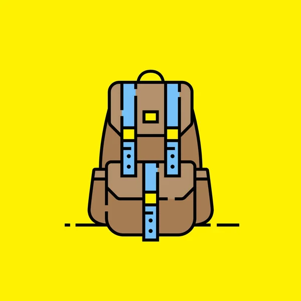アドベンチャーバックパックラインアイコン キャンバスアウトドアスタイルのバッググラフィック 茶色のバックパッキング手荷物は 黄色の背景に隔離されています ベクトルイラスト — ストックベクタ