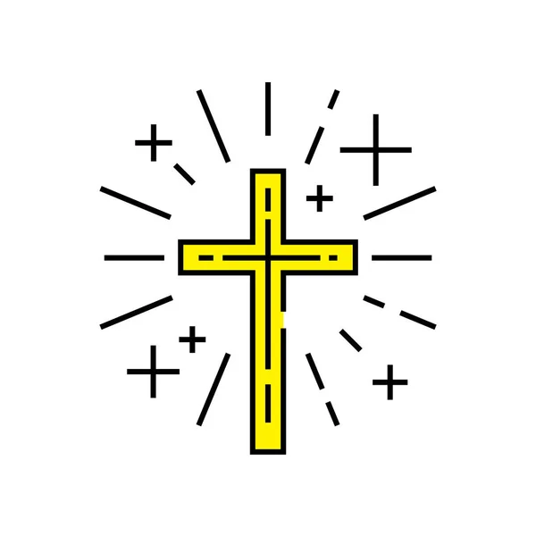 Christian Symbol Religious Cross Line Icon Yellow Catholic Crucifix Sign — Stock Vector