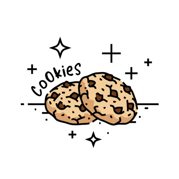 Chocolate Chip Cookies Line Icon Biscuit Snack Cartoon Graphic Vector — Stock Vector
