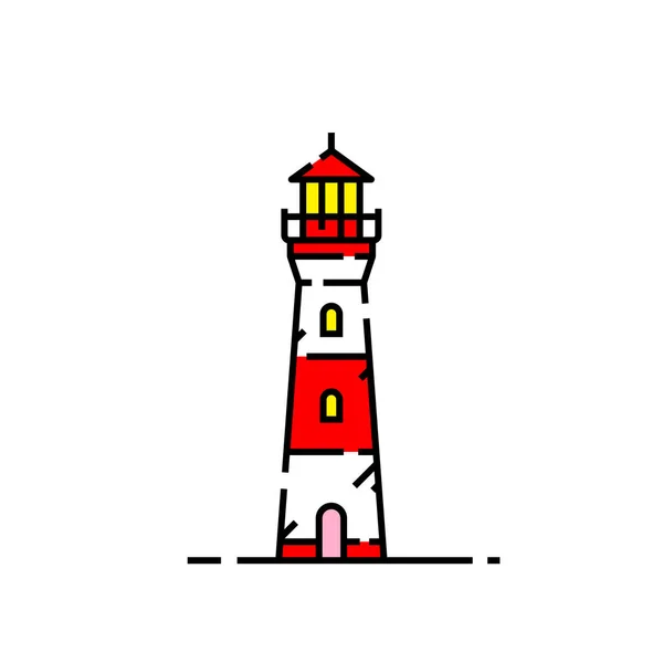 Icono Línea Faro Rojo Blanco Símbolo Torre Faro Luz Costera — Vector de stock