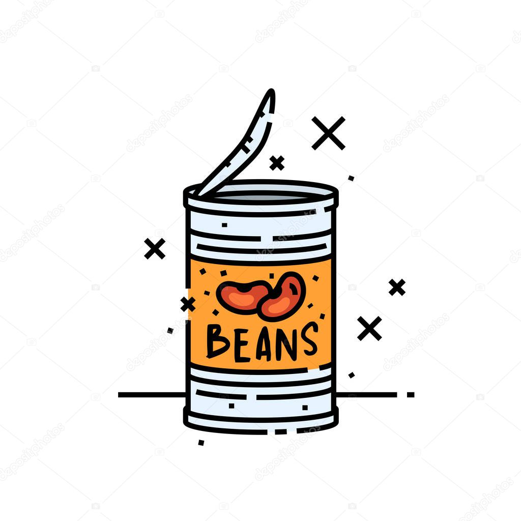 Canned beans line icon. Baked beans tin cartoon graphic symbol. Vector illustration.