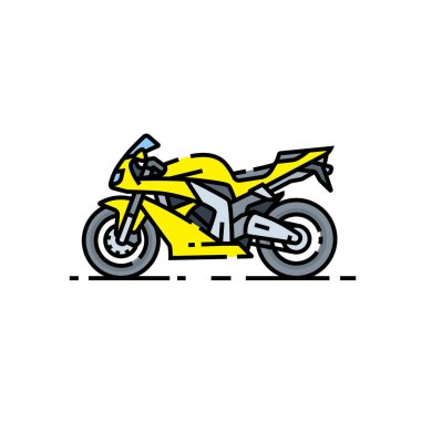 Superbike çizgi simgesi. Sarı spor motosiklet sembolü. Hızlı motosiklet işareti. Vektör Illustration.