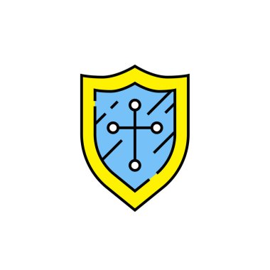 Kalkan çapraz çizgi simgesi. Basit rozet sembolü. Doğrusal güvenlik işareti. Vektör Illustration.