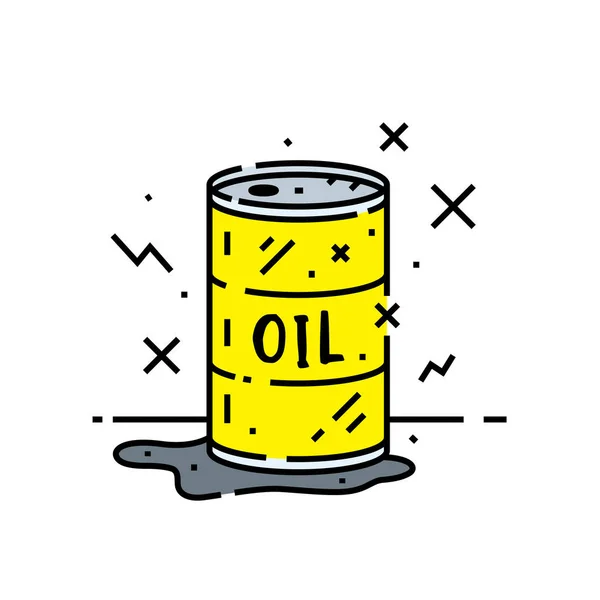 Oil Barrel Line Icon Cartoon Pollution Spill Yellow Metal Drum — Stock Vector