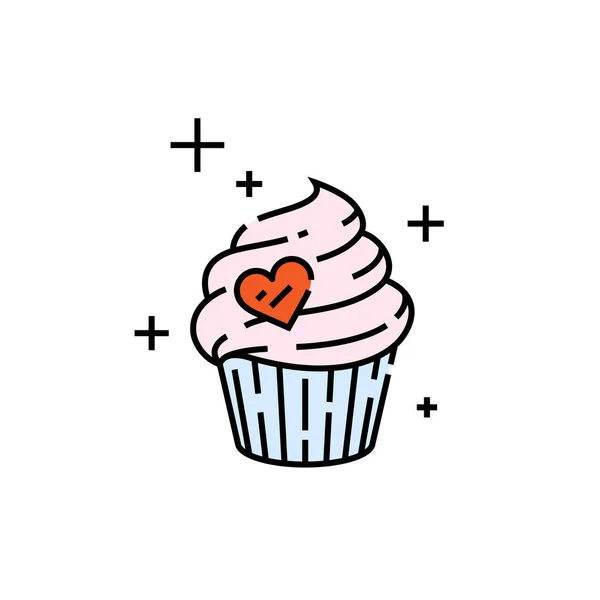 ハートカップケーキラインアイコン バレンタインケーキのシンボル 甘い食べ物の看板が大好きです ベクトルイラスト — ストックベクタ