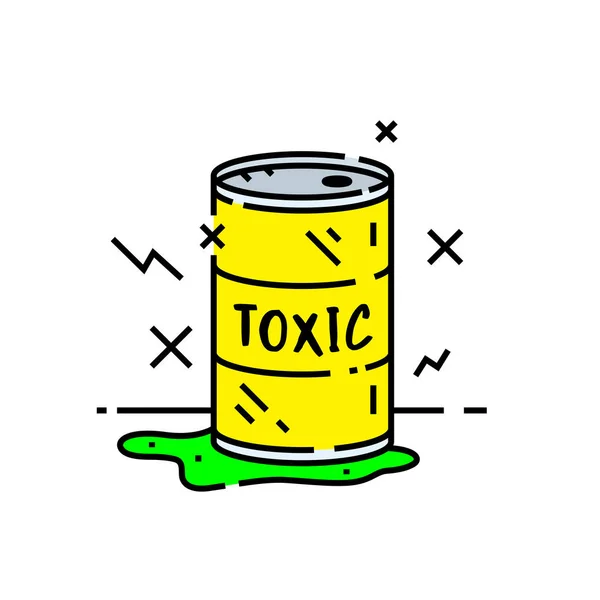 有毒桶溢出线图标 黄色金属桶符号泄漏的放射性废物 矢量插图 — 图库矢量图片