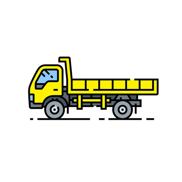 黄色自卸卡车线图标 提普卡车符号 大型黄色建筑车辆标志 矢量插图 — 图库矢量图片