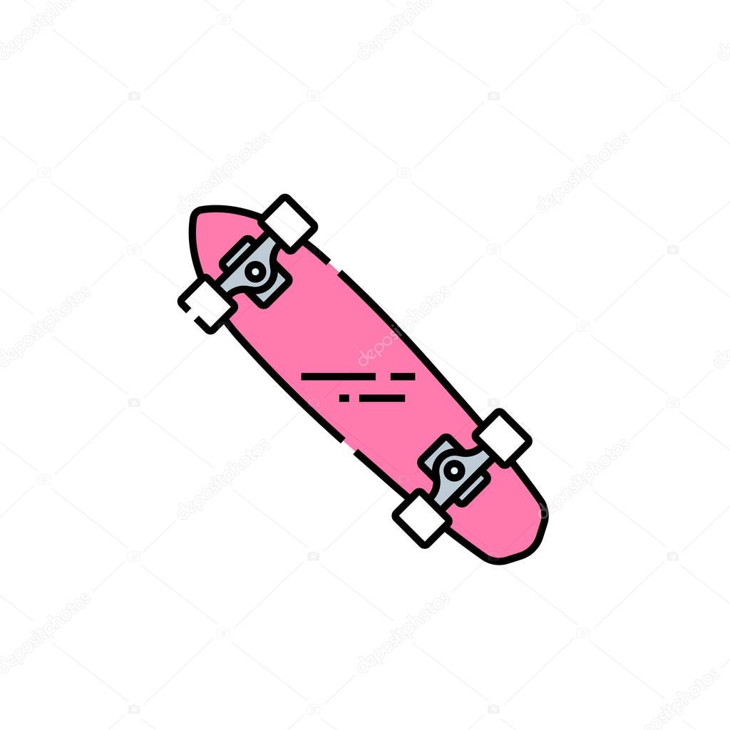 Short skateboard line icon. Retro pink mini board. Old school cruiser shortboard symbol. Vector illustration.