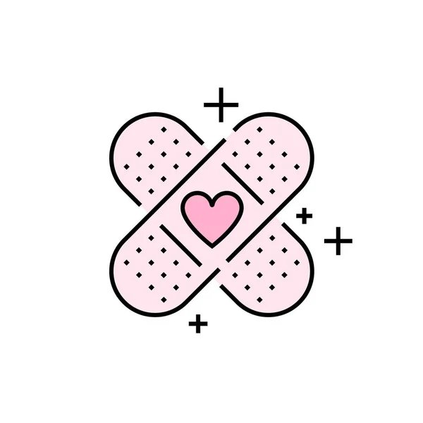 带辅助图标 粉红色石膏符号 爱绷带心形标志 矢量插图线图标 — 图库矢量图片