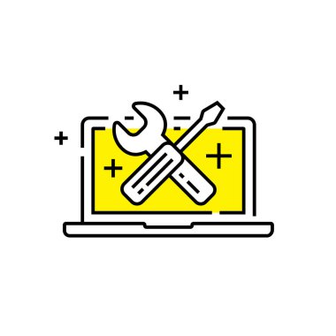 Dizüstü servis satırı simgesi. Web sitesi bakım sembolü. Spanner ve tornavida bilgisayar yapı işareti. Vektör çizimi.