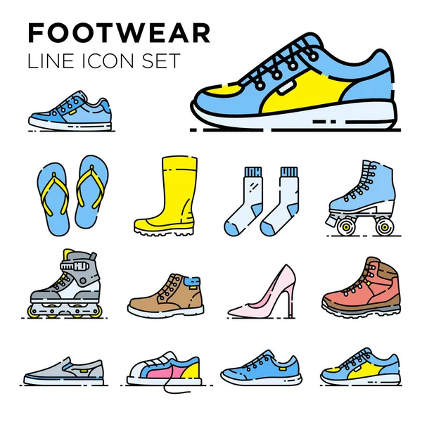 Set Iconos Línea Calzado Colección Vectores Zapatos Hombres Mujeres Casual — Vector de stock