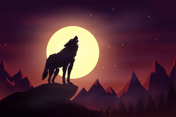 Wolf Heult Silhouette Vor Einem Großen Vollmond Mit Abenddämmerung Nachthimmel — Stockvektor