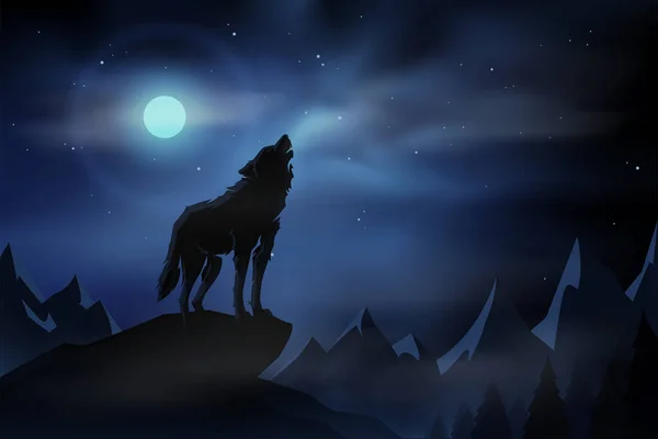 Lobo Negro Aullando Silueta Con Luna Llena Cielo Nocturno Estrellado — Vector de stock