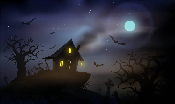 Strašidelná Kabina Lesním Vektorovém Ilustraci Strašidelné Halloween Starý Dům Pozadí — Stockový vektor