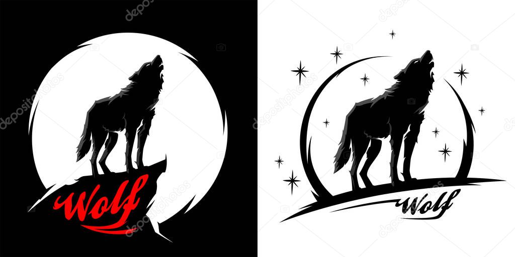 Black alpha male lone wolf with full moon silhouette. Wild animal at night graphic design illustration. Line art style wolves vector set.