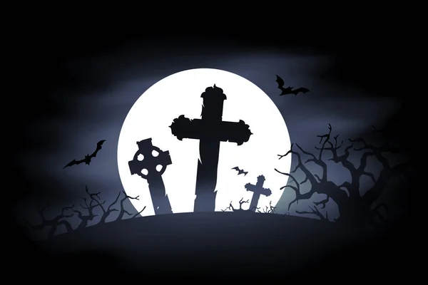 Haunted Cemetery Cross Full Moon Spooky Old Graveyard Night Tombstone — Stock Vector