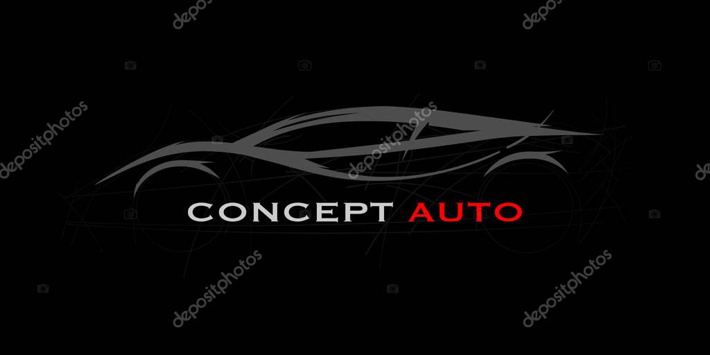 Concept auto sports car silhouette. Supercar showroom emblem. Performance motor vehicle dealership logo style design. Vector illustration.