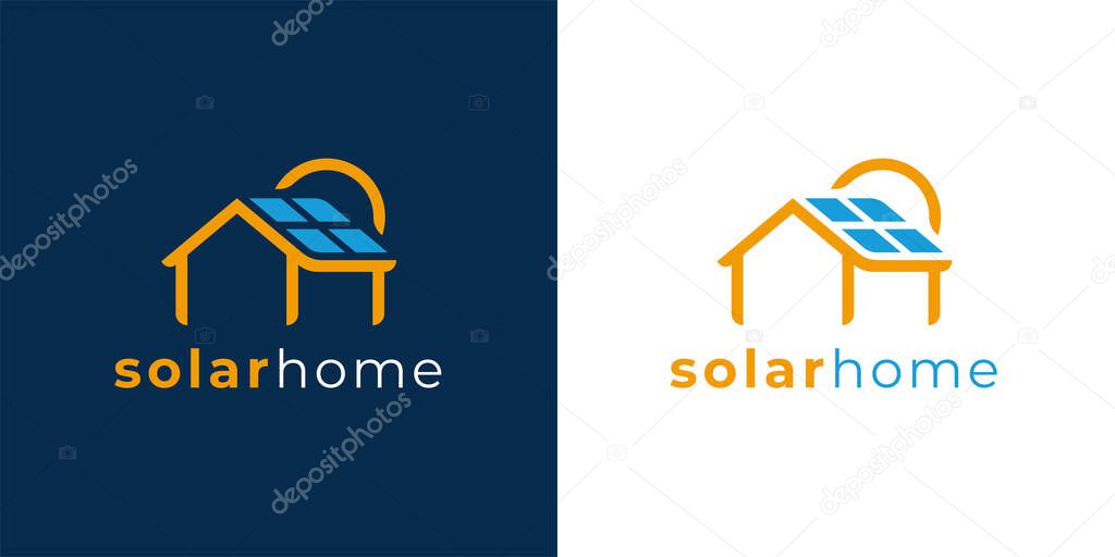 Solar power home logo icon template. Solar panel on roof with house and sun sign. Alternative energy company emblem. Renewable electricity business symbol. Vector illustration.