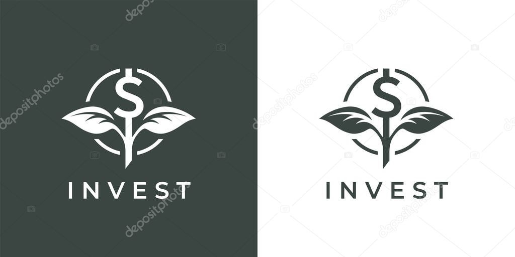 Finance invest logo icon. Dollar plant grow symbol. Financial money investment fund sign. Capital growth emblem. Vector illustration.