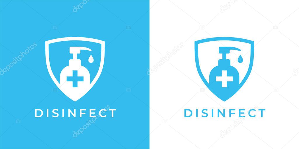 Disinfect medical shield logo. Hand sanitizer badge icon. Antibacterial gel pump dispenser bottle symbol. Sanitary medical hygiene emblem. Vector illustration.