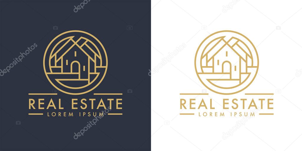 Real estate home logo line icon. Modern luxury villa house sign. Gold residential property development symbol. Concept realty agency housing company emblem. Vector illustration.