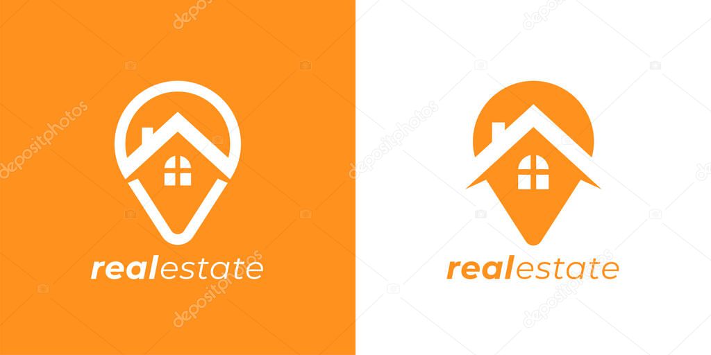 Real estate agency logo emblem. Concept realty place marker house pin sign. Local realtor property business symbol. Home GPS location point icon. Vector illustration.