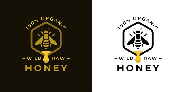 100 Natürlicher Roher Bio Honig Logo Etikett Konzept Mit Bienen — Stockvektor