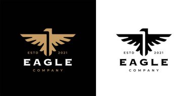 Kartal tepesi logo şablonu tasarımı. Altın kuş amblemi kavramı. Birinci sınıf şirket marka şahin sembolü. Heraldic Falcon uçuş rozetinde. Vektör illüstrasyonu.