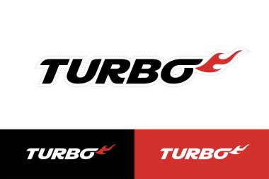 Turbo çıkartma çıkartması. Alev logosu dizaynlı turbo şarj metni. Otomatik performans yükseltme işareti. Motorlu araç indüksiyon amblemi. Vektör illüstrasyonu.