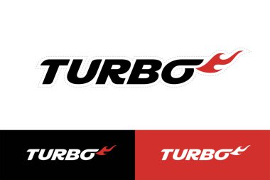 Turbo sticker badge decal. Turbocharger text with flame logo icon design. Auto performance boost sign. Motor vehicle forced induction emblem. Vector illustration. clipart