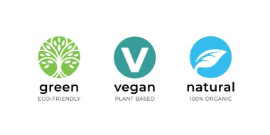 Vegan gıda etiketi ikonu seti. Yeşil çevre dostu bitki temelli ürün sembolü. Doğal organik biyolojik iyileşme işareti. Vektör illüstrasyonu.