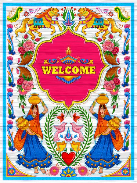 Banner de boas-vindas colorido no estilo kitsch de arte de caminhão da Índia — Vetor de Stock