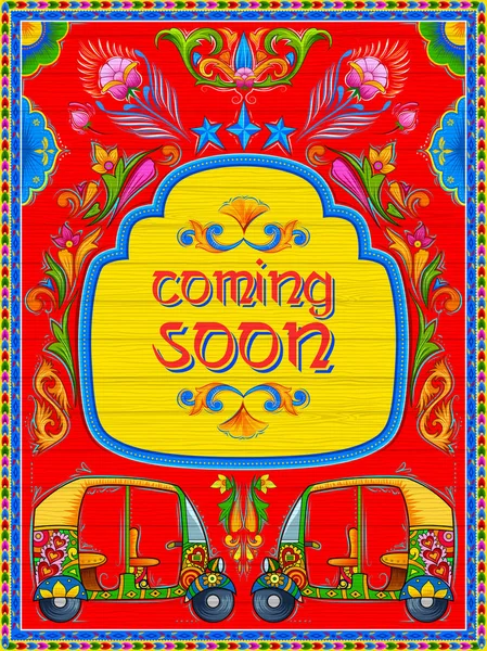 Farbenfrohes Coming-soon-Banner im LKW-Art-Kitsch-Stil Indiens — Stockvektor