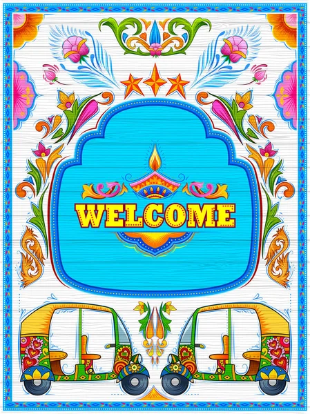 Banner de boas-vindas colorido no estilo kitsch de arte de caminhão da Índia —  Vetores de Stock
