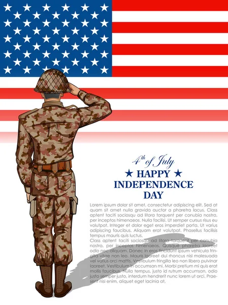 Soldado saludando en el fondo del 4 de julio por el Feliz Día de la Independencia de América — Vector de stock