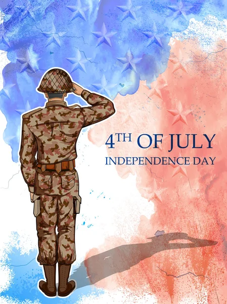 Soldado saludando en el fondo del 4 de julio por el Feliz Día de la Independencia de América — Vector de stock
