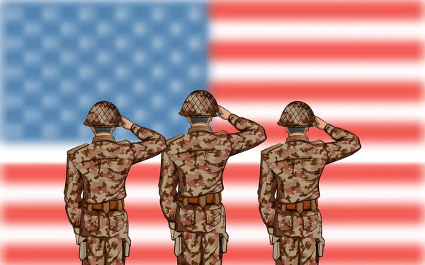 Soldat salutera på fjärde juli bakgrund för lycklig Självständighetsdagen av Amerika — Stock vektor